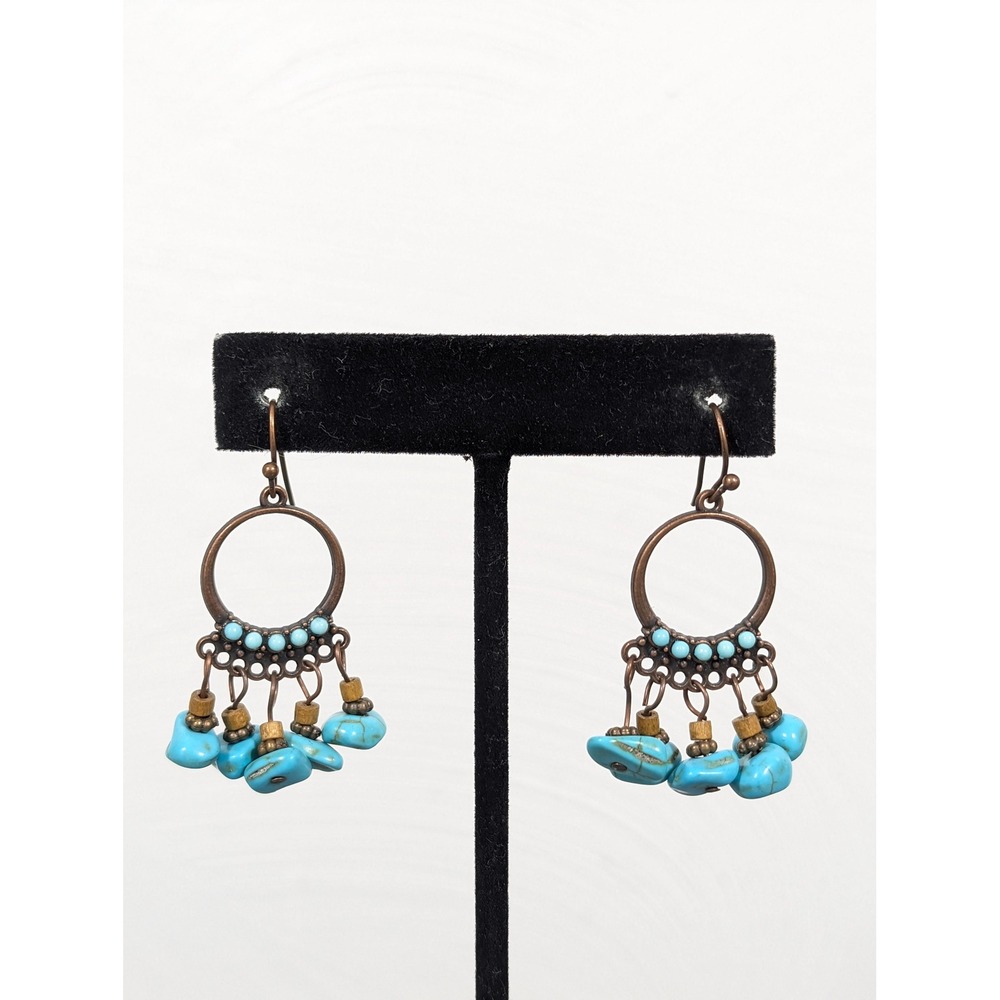 Copper Tone Faux Turquoise Dangle Earrings Western Boho Beaded Drop Pierced‎